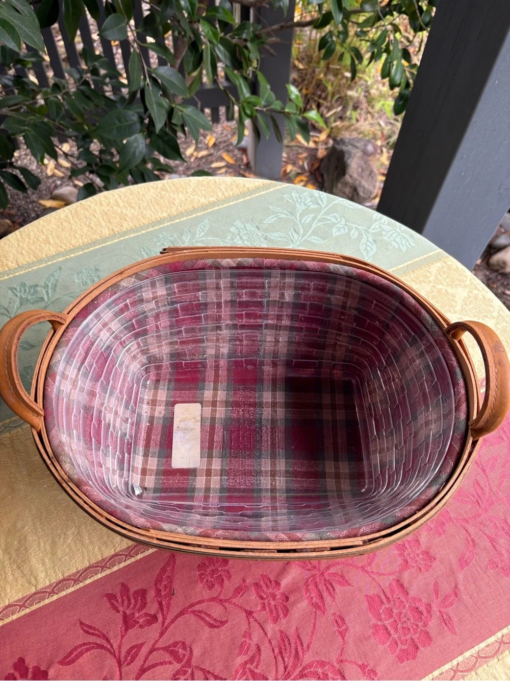 Longaberger Handwoven Brown Wicker Basket w /Red Plaid Liner/Plastic Protector